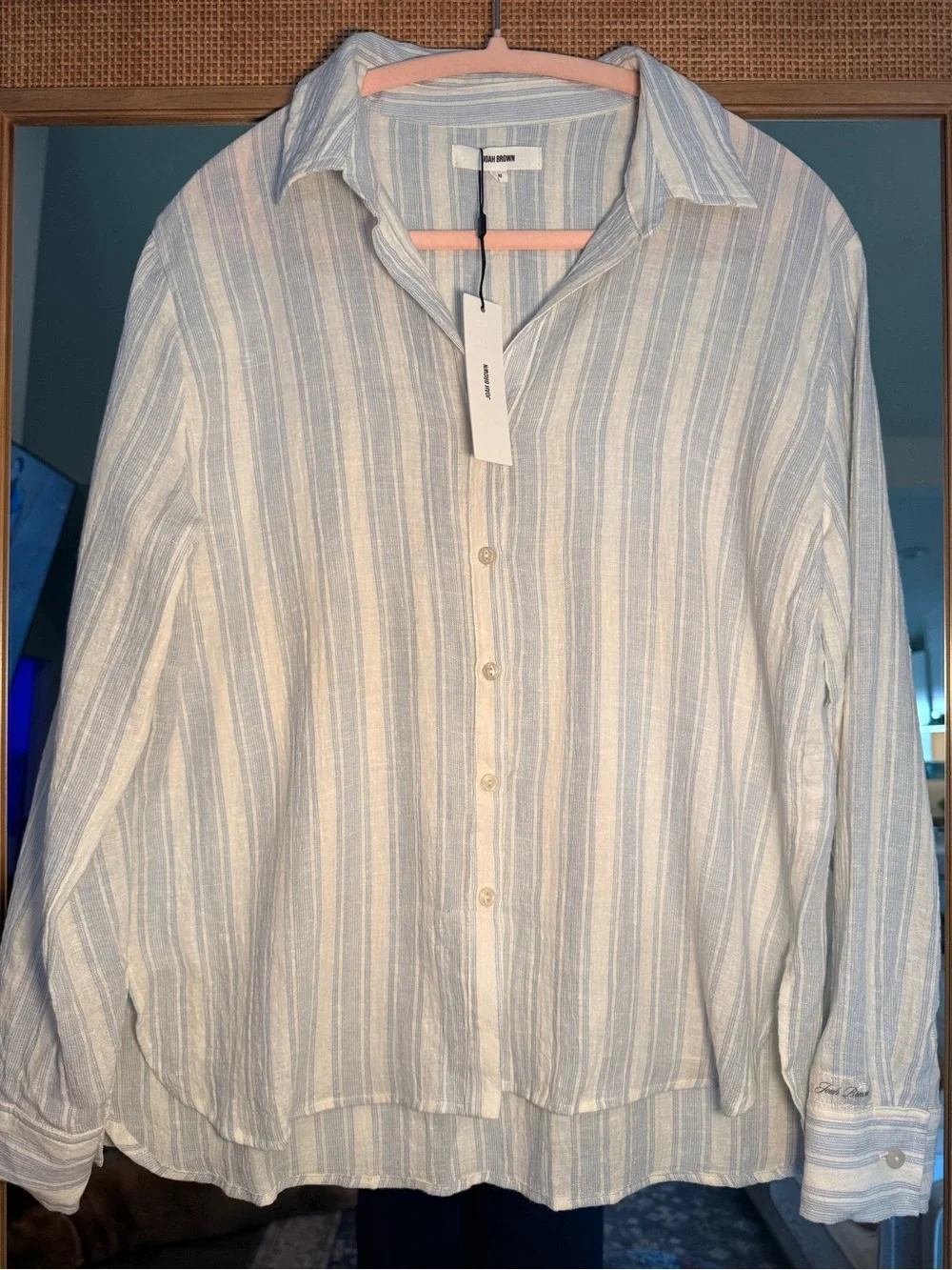 Joah Brown NWT Classic Button Down Natural White & Blue Stripe Gauze
